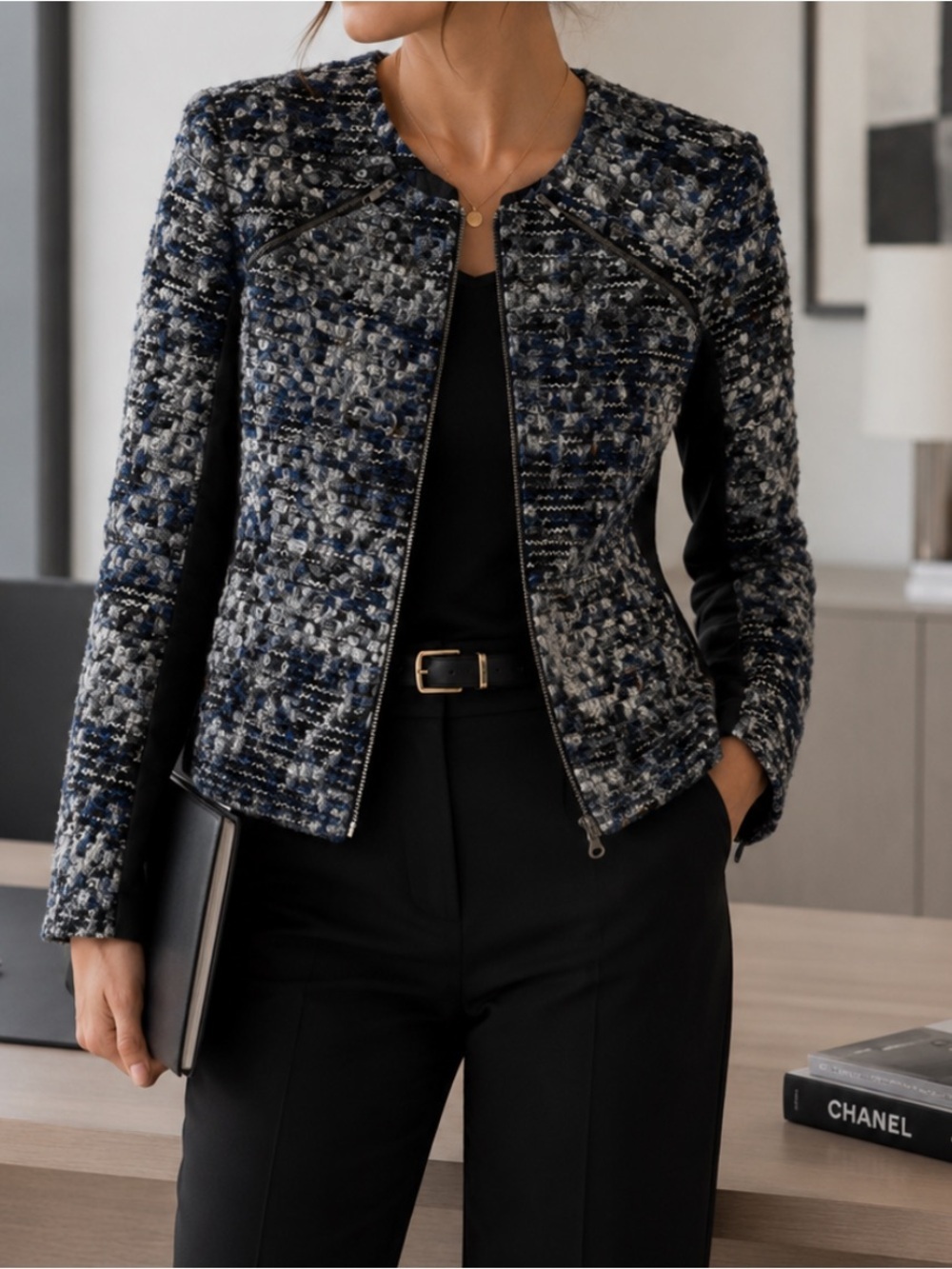 Parker Multicolor Tweed Plaid Full Zip Blazer Jacket Grey XS
